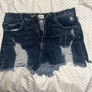 Dark blue wash torn denim shorts